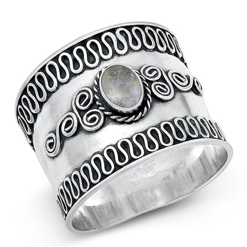 Sterling Silver Oxidized Moonstone Bali Ring