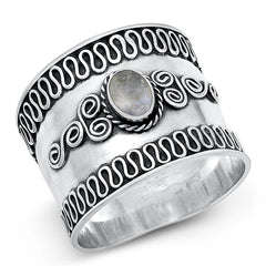 Sterling Silver Oxidized Moonstone Bali Ring