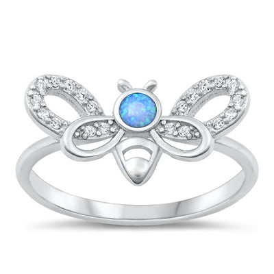 Sterling Silver Rhodium Plated and Clear CZ Blue Lab Opal Ring-10mm