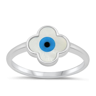 Sterling Silver Rhodium Plated Evil Eye Mother of Pearl Ring