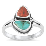 Sterling Silver Oxidized Red Coral and Turquoise Ring-14.6mm