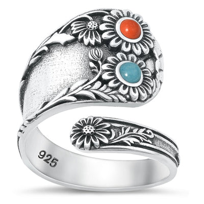 Sterling Silver Oxidized Silver Spoon Multi Stones Ring Face Height-23.5mm