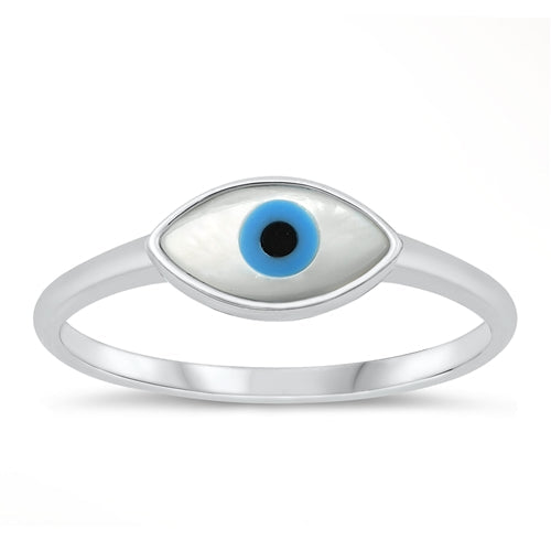 Sterling Silver Rhodium Plated Mother of Pearl Evil Eye Ring