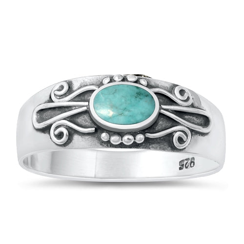 Sterling Silver Oxidized Genuine Turquoise Stone Ring Face Height-7.2mm