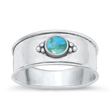 Sterling Silver Oxidized Round Bali Genuine Turquoise Stone Ring Face Height-8mm