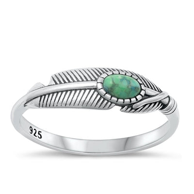 Sterling Silver Oxidized Feather Genuine Turquoise Ring Face Height-5.4mm