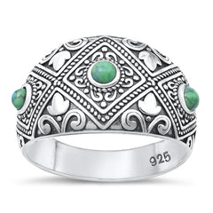 Sterling Silver Oxidized Bali Genuine Turquoise Stone Ring Face Height-14.1mm