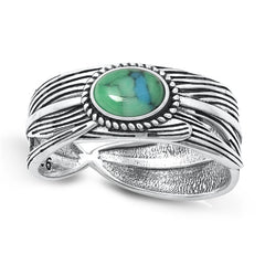 Sterling Silver Oxidized Feather Genuine Turquoise Stone Ring Face Height-8.3mm