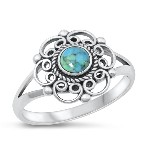 Sterling Silver Oxidized Flower Genuine Turquoise Stone Ring Face Height-14.2mm