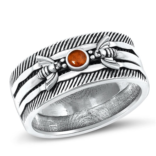 Sterling Silver Oxidized Bee Genuine Garnet Stone Ring Face Height-9.8mm