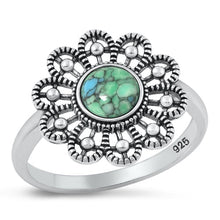 Load image into Gallery viewer, Sterling Silver Oxidized Flower Genuine Turquoise Stone Ring Face Height-16.2mm