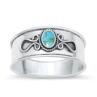 Sterling Silver Oxidized Oval Bali Genuine Turquoise Stone Ring Face Height-8.5mm