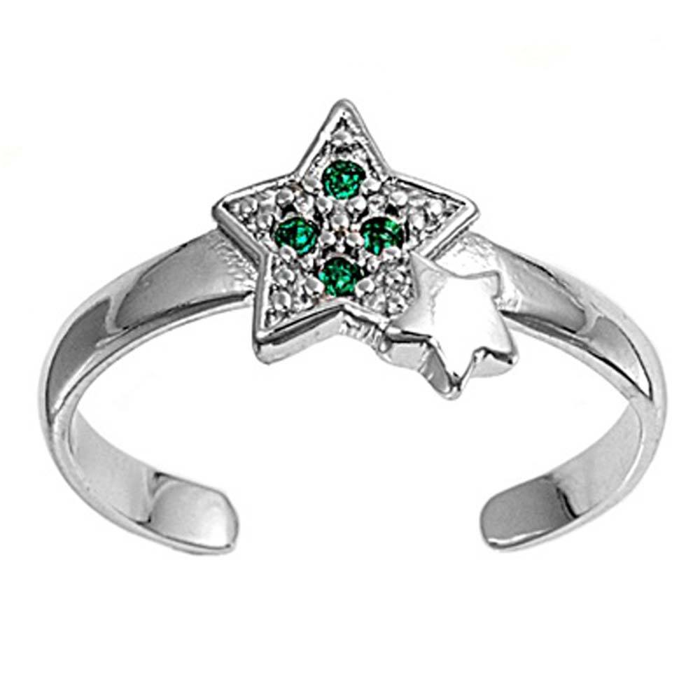 Sterling Silver Elegant Star with Emerald CZ Toe RingAnd Face Height 8 MM