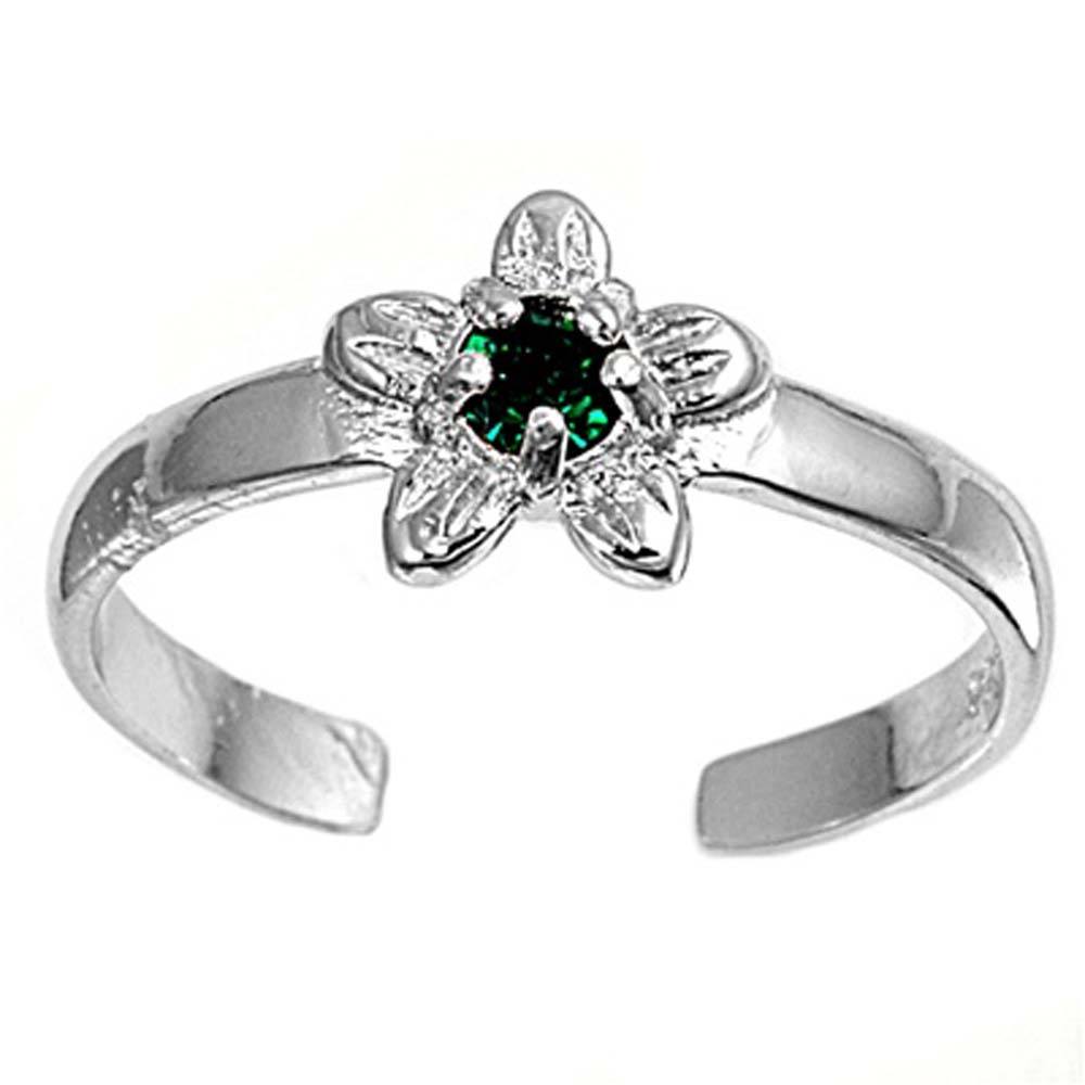 Sterling Silver Elegant Plumeria with   Emerald CZ Toe RIngAnd Face Height 7 MM