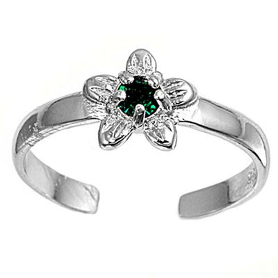 Sterling Silver Elegant Plumeria with   Emerald CZ Toe RIngAnd Face Height 7 MM