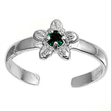 Sterling Silver Elegant Plumeria with   Emerald CZ Toe RIngAnd Face Height 7 MM