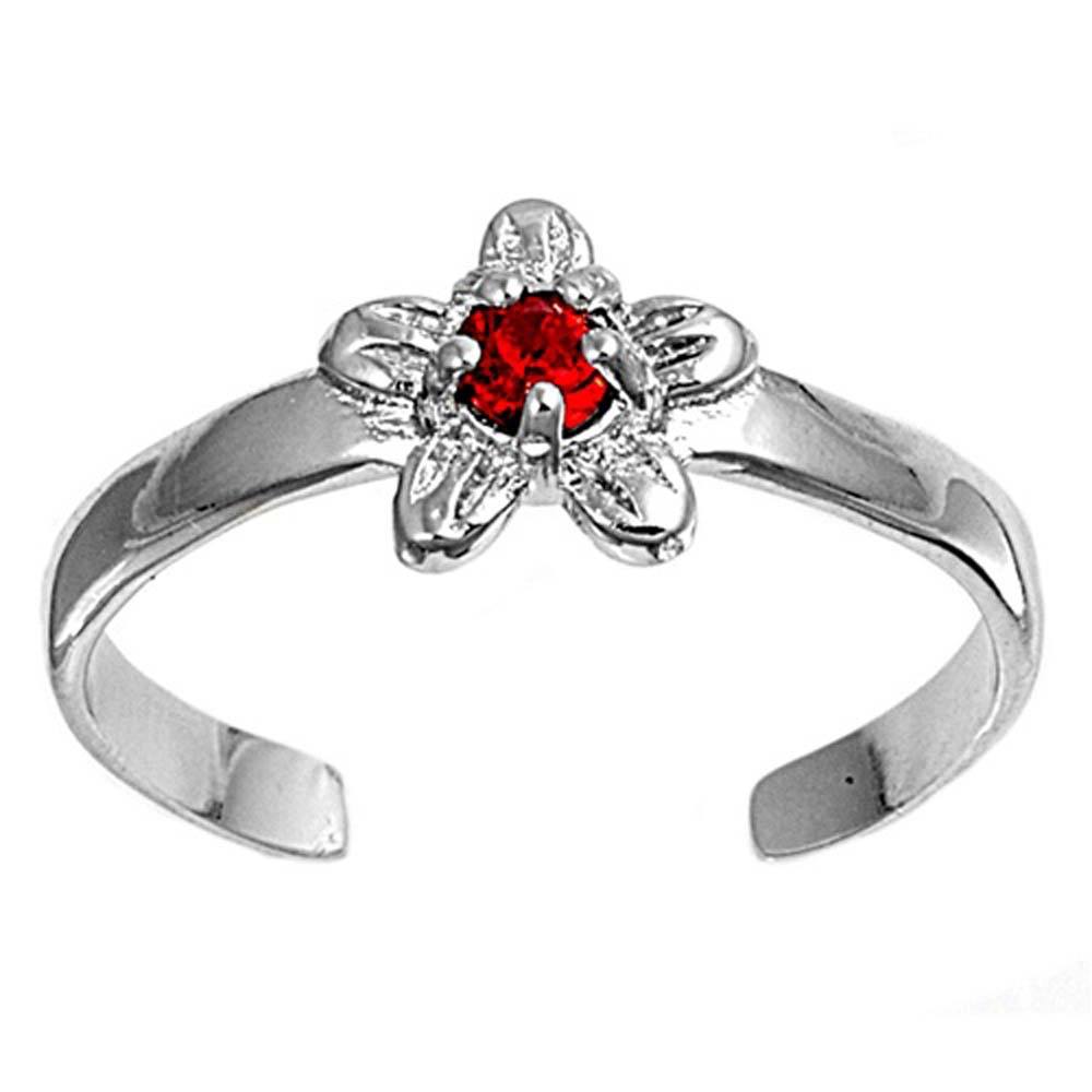 Sterling Silver Fancy Flower with Clear and Ruby CZ Toe RingAnd Face Height 7 MM