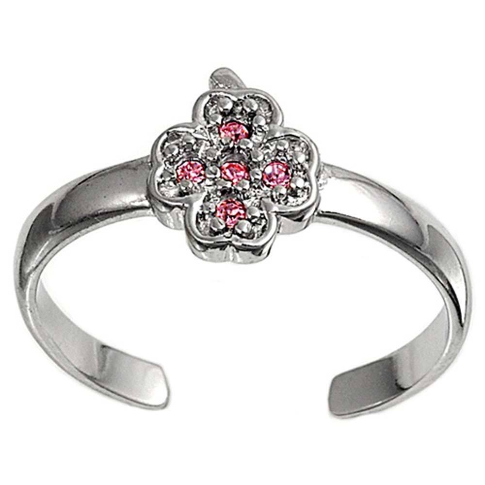 Sterling Silver Fancy Leaf with Pink CZ Toe RingAnd Face Height 8 MM