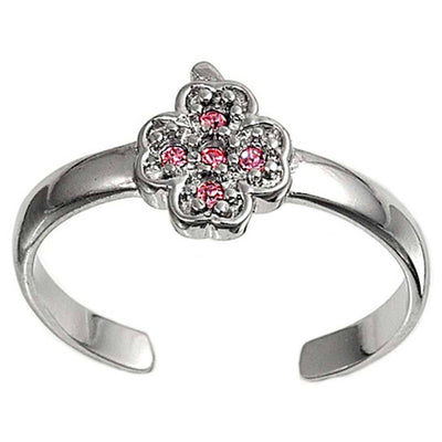 Sterling Silver Fancy Leaf with Pink CZ Toe RingAnd Face Height 8 MM