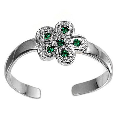 Sterling Silver Fancy Flower with Emerald CZ Toe RingAnd Face Height 7 MM
