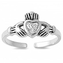 Load image into Gallery viewer, Sterling Silver Classy Claddagh Toe Ring with Clear CZ HeartAnd Face Height 7 MM