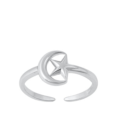 Sterling Silver Rhodium Plated Moon And Star Toe Ring