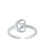 Sterling Silver Rhodium Plated Moon And Star Toe Ring