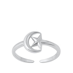 Sterling Silver Rhodium Plated Moon And Star Toe Ring