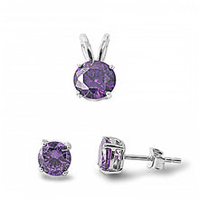 Load image into Gallery viewer, Sterling Silver Round Amethyst CZ Stud Earrings and Pendant Set