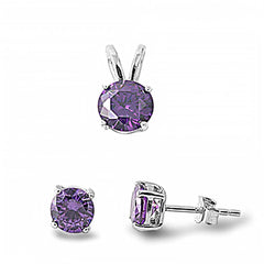 Sterling Silver Round Amethyst CZ Stud Earrings and Pendant Set