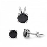 Sterling Silver Round Black CZ Stud Earrings and Pendant Set