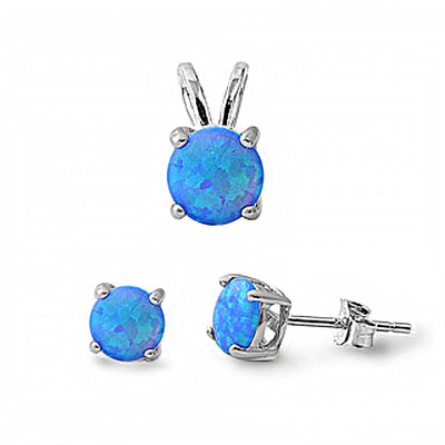 Sterling Silver Round Blue Lab Opal CZ Stud Earrings and Pendant Set