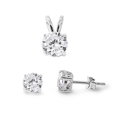 Sterling Silver Round Clear CZ Stud Earrings and Pendant Set