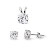 Sterling Silver Round Clear CZ Stud Earrings and Pendant Set