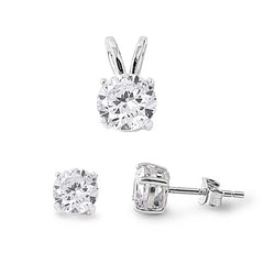 Sterling Silver Round Clear CZ Stud Earrings and Pendant Set
