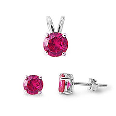 Sterling Silver Round Ruby CZ Stud Earrings and Pendant Set