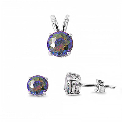 Sterling Silver Round Rainbow Topaz CZ Stud Earrings and Pendant Set