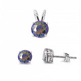 Sterling Silver Round Rainbow Topaz CZ Stud Earrings and Pendant Set