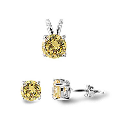Sterling Silver Round Yellow Topaz CZ Stud Earrings and Pendant Set