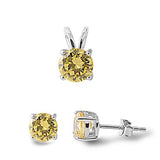 Sterling Silver Round Yellow Topaz CZ Stud Earrings and Pendant Set