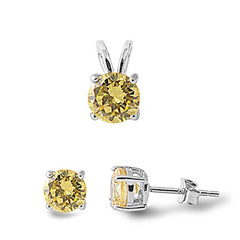 Sterling Silver Round Yellow Topaz CZ Stud Earrings and Pendant Set