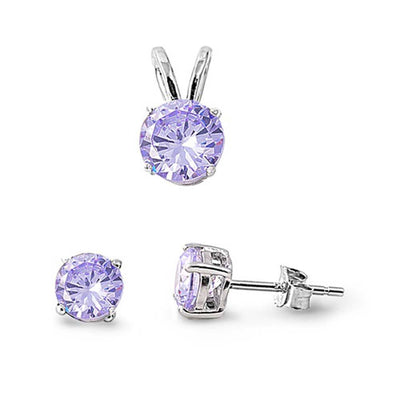 Sterling Silver Round Alexandrite CZ Stud Earrings and Pendant Set