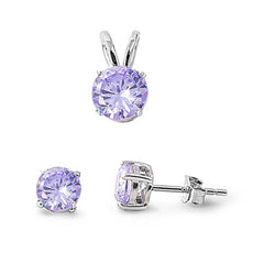 Sterling Silver Round Alexandrite CZ Stud Earrings and Pendant Set