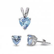 Load image into Gallery viewer, Sterling Silver Luxurious Aquamarine Heart CZ Stud Earrings and Pendant Set