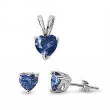Load image into Gallery viewer, Sterling Silver Luxurious Blue Sapphire Heart CZ Stud Earrings and Pendant Set