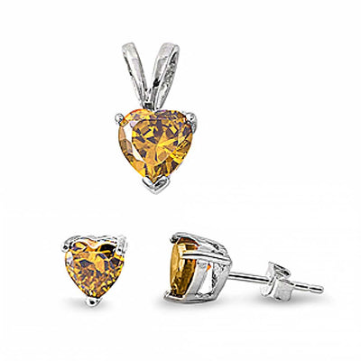 Sterling Silver Luxurious Champagne Heart CZ Stud Earrings and Pendant Set