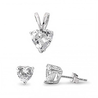 Sterling Silver Luxurious Clear Heart CZ Stud Earrings and Pendant Set