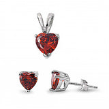 Sterling Silver Luxurious Garnet Heart CZ Stud Earrings and Pendant Set