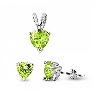 Sterling Silver Luxurious Peridot Heart CZ Stud Earrings and Pendant Set