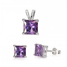 Load image into Gallery viewer, Sterling Silver Classy Princess Cut Amethyst CZ Stud Earrings and Pendant Set